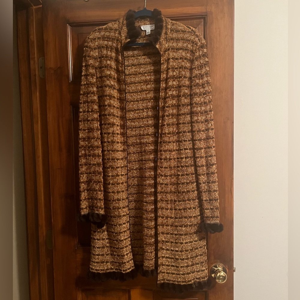 St. John Sport by Marie Gray Brown and Black Striped Cardigan with Rabbit Fur.